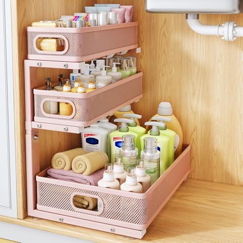 Under Sink Organizer, 3-Tier Thickened Metal Pull out Cabinet Organizer Shelf, Height Adjustable Slide out Storage Drawer Rack for Kitchen Bathroom Pantry Laundry Home Organization, 1-Pack, Pink | 35% Extra Storage Capacity, Carbon Steel, Hold Up 55lbs, S