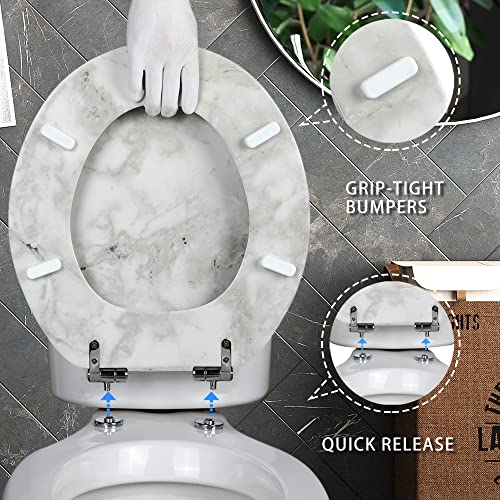 Angol Shiold ROUND Toilet Seat Molded Wood 16.5"(Gray Marble) | Quiet Close Quick Release Metal Hinges, Adjustable Fit for Standard Round Toilets, Easy to Install&Clean - color: Gray Marble-Round, size: Round-16.5“