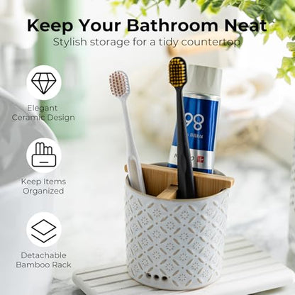 Zoeeker Toothbrush Holders, Ceramic Electric Toothbrush & Toothpaste Holder | Detachable 3 Slots Tooth Brush Cup with Drain Holes & Bamboo Divider, Makeup Brush Storage Holder for Bathroom, Family, Kids - color: White