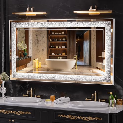 WINNICE 47" x 26" LED Diamond Wall Mirror, Dim & Anti-Fog | Crystal glass, dimmable & anti-fog, mounts vertical/horizontal, ideal for bathroom, bedroom, living room - size: 47"L x 26"W