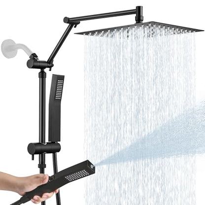 All Metal 12 Inch Rain Shower Head with Handheld Spray Combo, High Pressure Waterfall Rainfall Square Shower Heads with 16" Adjustable Extension Arm, Dual Showerhead with 3-Way Diverter, Matte Black - color: Matte Black, size: 12 Inch