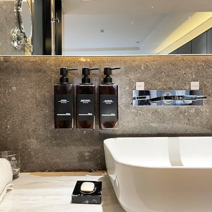 Shampoo and Conditioner Dispenser, No Drill, 16 Waterproof Labels | Shampoo Dispenser for Shower Wall, Shower Soap Dispenser Wall Mounted 3 Chamber, Bathroom, 17oz, Black Amber - color: Amber Bottle + Black Pump