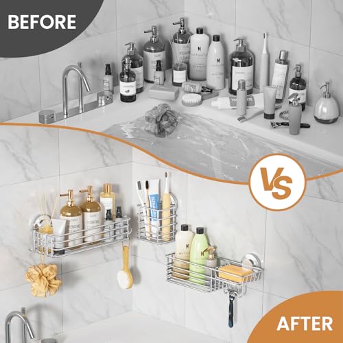 Shower Caddy Suction Cup, 3 Pack Heavy Duty Bathroom Organizer | Silver Soap Holder, Removable Bathroom Organizer With Hook, Rustproof Shower Storage - color: 3 X Silver