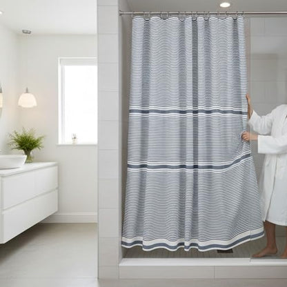 Blue and White Fabric Shower Curtain, Cotton Blend Striped Textured Design, 72 x 72 Shower Curtain, Modern Aesthetic Bathroom Decor, Cozumel - color: Cozumel