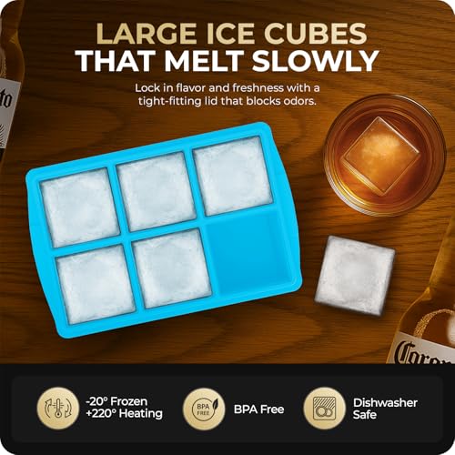 Large Ice Cube Trays for Whiskey, Silicone Ice Cube Tray, with Reinforced Steel Ring Top, Makes 12 perfect 2-in ice cubes, Square Ice Tray for Cocktails, Whiskey, Coffee. (2 Pack) - color: Sea blue