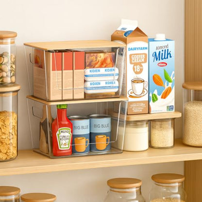 CiWiVOKi 6 Pack Clear Stackable Storage Bins with Bamboo Lids, Trash Bag Holder Dispenser Under Sink Organizer for 4-13 Gal Bags, Plastic Storage Containers for Pantry Bathroom Kitchen Organization - size: 6 Pack