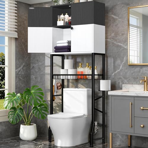 Over-The-Toilet Storage Rack, 4-Tier Bathroom Organizer Shelf Over Toilet with Barn Doors Cabinet and Basket, Freestanding Space Saver Bathroom Shelves with Paper Holder Above Toilet (Black & White) - color: Black White