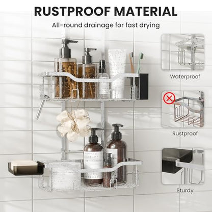 Shower Caddy Hanging 2-Tier Shower Organizer for Tall Showerhead,Rustproof Over Shower Head Rack,No Drill Bathroom Shower Caddy with Soap Dish,Toothbrush Holder and Hooks,Silver - color: Upgraded Silver