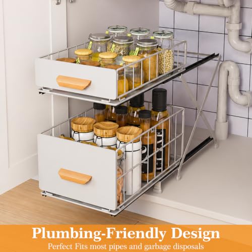 Under Sink Organizer, Adjustable Height (12.6"-15.4") Under Cabinet Storage, 2 Tier Pull Out Sliding Drawers, Foldable Under Sink Storage Rack, for Bathroom & Kitchen, White, 1 Pack