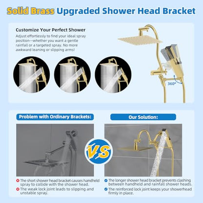 Hibbent All Metal cUPC Certified Shower Head, 10'' High Pressure Rainfall Shower Head Combo, Handheld Shower Wand, 12'' Adjustable Extension Arm, 4-Spray, 71'' Hose, Shower Holder, Brushed Gold - color: Brushed Gold, style: Square 10''
