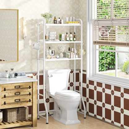 Simple Trending Expandable Over The Toilet Storage Rack, Metal 3 Tier Bathroom Organizer Shelf with Paper Holder and 3 Hooks, White - color: White