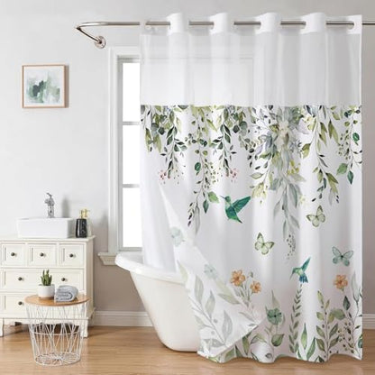 Sage Green Eucalyptus No Hook Shower Curtain with Snap in Liner- Hummingbird Shower Curtains for Bathroom- Fabric Inner Liner, Garden Butterflies Bath Curtains- Machine Washable,71 x 74 - color: Green Hummingbird