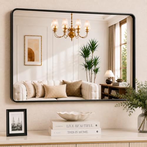 JISOSO 48x36 Inch Black Bathroom Mirror Metal Framed | Anti-Rust, Tempered Glass, Shatter Proof, Hangs Horizontally or Vertically - color: Black, size: 48"L x 36"W