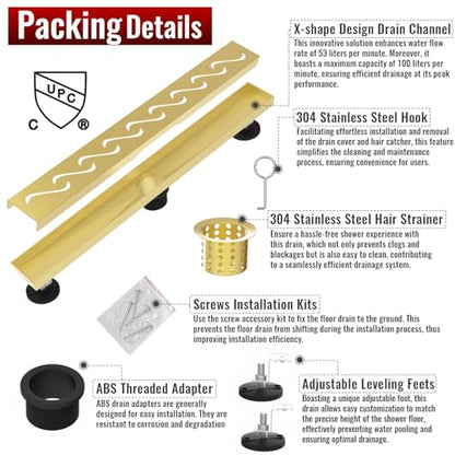 Linear Shower Drain, 24 inch Brushed Gold | Including Hair Catcher and Removable Grate, 304 Stainless Steel, Easy to Install and Clean (Drain Base Not Included) - color: Brushed Gold, size: 24 inch
