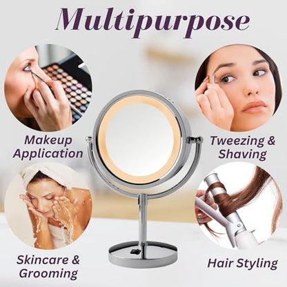 JERDON Lighted Makeup Mirror with 5X Magnification - Chrome - HL745CO | Two-Sided 1X View, 8.5" Diameter, 15.5" Tall, Halo Lighting - color: Chrome