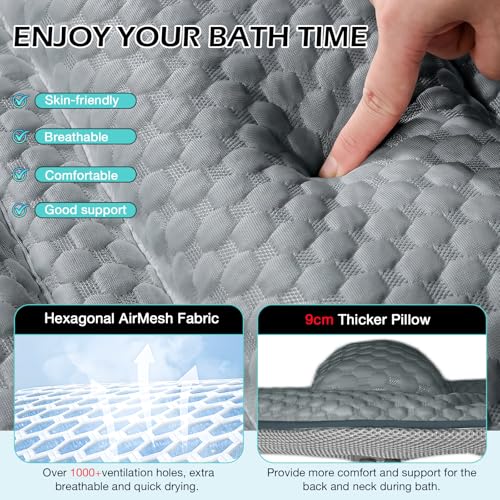 Full Body Bath Pillow for Bathtub, Thick Soft Tub Cushion with Non-Slip Suction Cups Dual Hooks, Luxury Spa Pillow for Neck Back and Hip Support, 53" x 17" - color: Grey