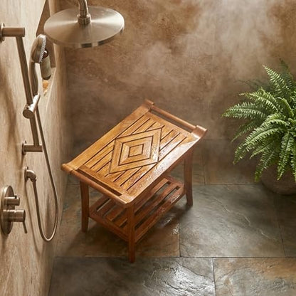 Teak Shower Bench Stool Seat, w/Leveling Feet, Waterproof, Teak Oil Finish | Xtra-Comfortable, 25” Wide 19” Tall 14” Deep, for Indoor/Outdoor Shower, Front Entrance, Spa, Sauna, Pool Deck, Patio, Garden
