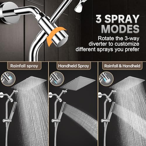 Veken All Metal 12" Luxurious Shower Head with Handheld,Full Body Coverage | Large Detachable 12" Square Rain Showerhead,Dual High Pressure Shower Heads Combo,Power Jet,Overhead Waterfall,Chrome,Silver - color: Chrome, size: 12 Inch