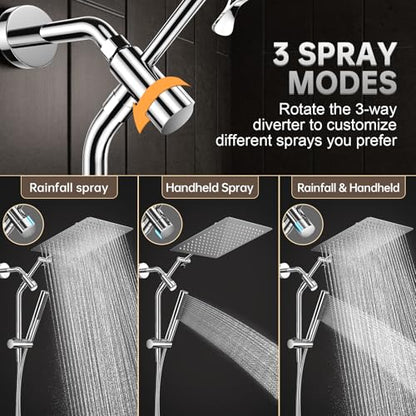 Veken All Metal 12" Luxurious Shower Head with Handheld,Full Body Coverage | Large Detachable 12" Square Rain Showerhead,Dual High Pressure Shower Heads Combo,Power Jet,Overhead Waterfall,Chrome,Silver - color: Chrome, size: 12 Inch