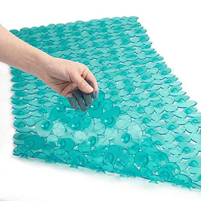 WELTRXE Non Slip Bath Mat Pebbles Bathtub Mat with Suction Cups, Drain Holes for Bathroom Showers, Tub, 35 x 16 Inches Machine Washable Bathroom Mats BPA, Latex Free Safe Shower Mats - Teal - color: Pebbles-clear Teal, size: 35" x 16" (Rectangular)