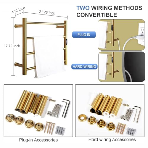Heated Towel Rack Gold, 4 Bars Towel Warmer Rack for Bathroom Wall Mounted, Timer & Temperature Control Electric Towel Drying Rack (4 Bars Brushed Gold D, Plug-in) - color: 4 Bars Brushed Gold D, size: Plug-in