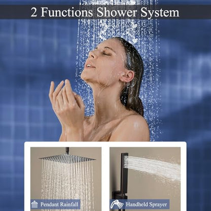 12 Inch Oil Rubbed Bronze Ceiling Mount Shower System Bathroom Luxury Rain Mixer Shower Combo Set Ceiling Rainfall Shower Head System Faucet Contain Rough-in Valve and Trim Included - color: Oil Rubbed Bronze, size: 12 Inch