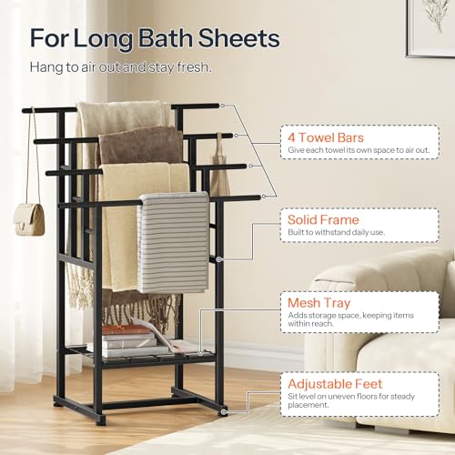 HOOBRO 4-Tier Freestanding Towel Rack, 28.3"L x 15.7"W x 41.3"H, Standing Blanket Rack, Metal Bathroom Storage Organizer with Bottom Shelf, Pool Towel Rack Outdoor, Industrial Style, Black BK16LB01