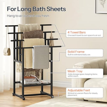 HOOBRO 4-Tier Freestanding Towel Rack, 28.3"L x 15.7"W x 41.3"H, Standing Blanket Rack, Metal Bathroom Storage Organizer with Bottom Shelf, Pool Towel Rack Outdoor, Industrial Style, Black BK16LB01