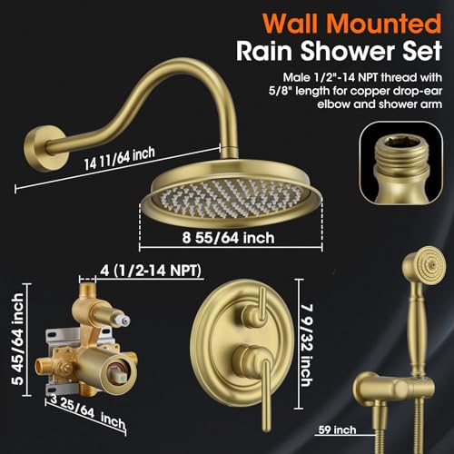 Rainfall Shower System Shower Faucet Set, Luxury, Antique, Light Gold | 9 Inch Shower Head and Handheld Spray, Pressure Balance Valve, Wall Mounted, Bathroom, Shower Trim Kit - color: Brushed Light Gold, style: With Handheld