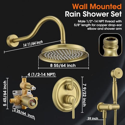 Rainfall Shower System Shower Faucet Set, Luxury, Antique, Light Gold | 9 Inch Shower Head and Handheld Spray, Pressure Balance Valve, Wall Mounted, Bathroom, Shower Trim Kit - color: Brushed Light Gold, style: With Handheld