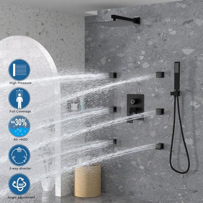 Enga Shower System with Body Jets, 12 Inch Wall Mount Rainfall Shower System and Handheld Body Spray Shower Faucets sets Combo with Rough-in Valve, Matte Black - color: Matte Black, style: Wall Mount - 6 Jets