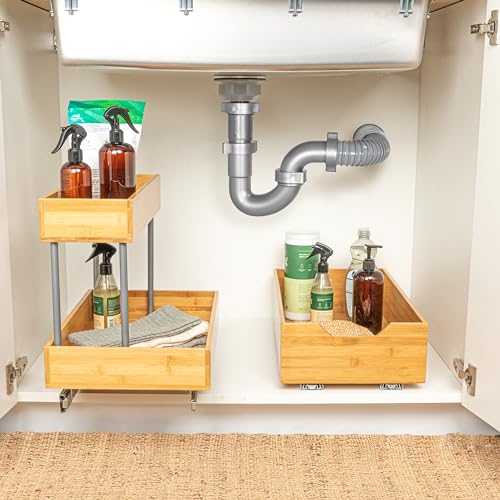 Household Essentials Glidez Bamboo and Steel Pull-Out/Slide-Out Storage Organizer for Under Cabinet Use - 1-Tier Design - Fits Standard Size Cabinet or Shelf, Natural - size: 11", style: Single Tier