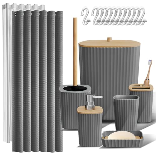 Clara Clark Bathroom Set, Shower Curtain Set, Bathroom Accessory Set | 20 Piece Grey Bathroom Accessories Set with Toothbrush Holder, Soap Dispenser, Soap Dish, Toilet Brush, and Trash Can - color: Grey, size: Complete Set