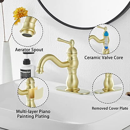 Bathroom Faucet Brushed Gold GGStudy 360° Swivel Bathroom Vanity Faucet Single Handle One Hole Bathroom Sink Faucet Basin Matching Pop Up Drain with Overflow - color: Brushed Gold, size: Short