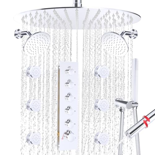 HOMEDEC 16" Round Rain Full Body Shower System with Dual 6" Wall Shower Head, 5 Way Valve with 2-Function Handheld Shower and Body Sprays, Chrome - color: Chrome, style: 5-Way + 2x 6" Top