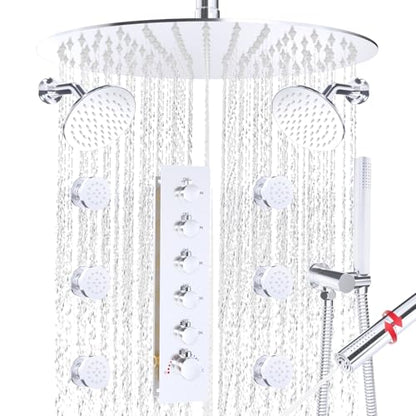 HOMEDEC 16" Round Rain Full Body Shower System with Dual 6" Wall Shower Head, 5 Way Valve with 2-Function Handheld Shower and Body Sprays, Chrome - color: Chrome, style: 5-Way + 2x 6" Top