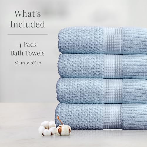 NY Loft 100% Cotton 4-Pack Bath Towel Set | Blue | Oeko-TEX | Quick-Dry | Four 30" x 52" Bath Towels | Super Absorbent | Designer-Styled Texture - color: Chambray Blue, size: Bath Towel (4 Pack)