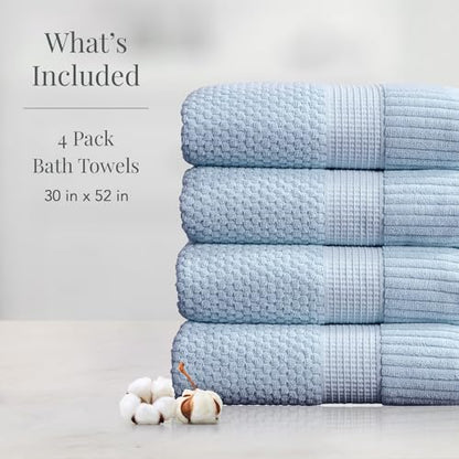 NY Loft 100% Cotton 4-Pack Bath Towel Set | Blue | Oeko-TEX | Quick-Dry | Four 30" x 52" Bath Towels | Super Absorbent | Designer-Styled Texture - color: Chambray Blue, size: Bath Towel (4 Pack)