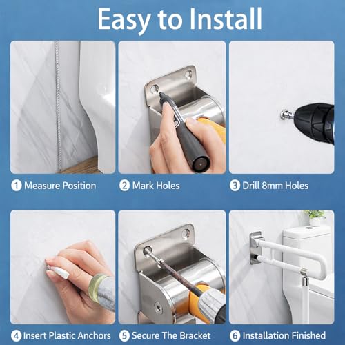23.6" Flip-Up Toilet Grab Bar with Support Leg, Stainless Steel Bathroom Safety Rail for Elderly & Disabled, Folding Handicap Grab Bar Wall Mounted Assist Handle for Toilet, Shower & Bathtub