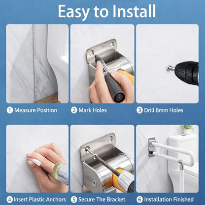 23.6" Flip-Up Toilet Grab Bar with Support Leg, Stainless Steel Bathroom Safety Rail for Elderly & Disabled, Folding Handicap Grab Bar Wall Mounted Assist Handle for Toilet, Shower & Bathtub