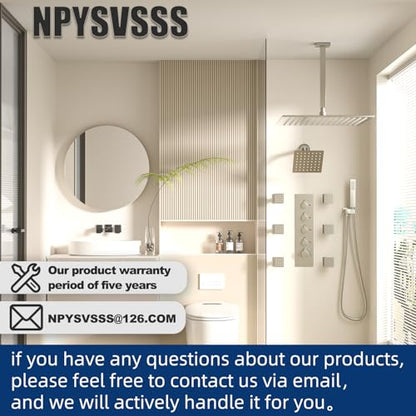 Thermostatic Shower System Dual Shower Heads with 16" Ceiling Mounted Rain Shower Head & 6" Wall Mounted Head 4 Function Shower System with body jets Can All Run Together, Brushed Nickel - color: Brushed Nickel, style: 16 inch +6 jets