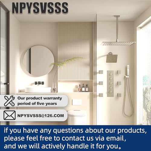 Thermostatic Shower System Dual Shower Heads with 16" Ceiling Mounted Rain Shower Head & 6" Wall Mounted Head 4 Function Shower System with body jets Can All Run Together, Brushed Nickel - color: Brushed Nickel, style: 16 inch +6 jets