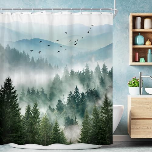 Green Mountain Scenery Natural Pine Tree Bathroom Shower Curtain Set | 72"W x 78"L shower curtain， View Rustic: HD waterproof print, quick-dry cloth, free hooks for easy installation. - color: A-01green, size: 72"W x 78"L (Pack of 1)