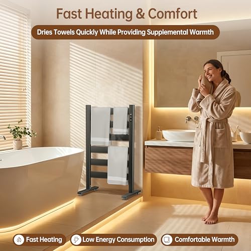 6-Bar Freestanding Heated Towel Warmer with PTC Fast Heating | 170°F Adjustable Temperature, 2-12H Timer & Memory Function, Freestanding Design, Wide Bar Rack for Towels, Matte Black - color: Black