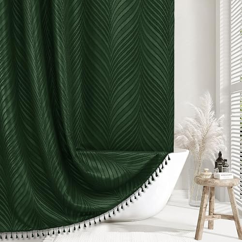 Siiluminisoy 90inch Dark Green Boho Shower Curtain Long Green Shower Curtain for Bathroom Fabric Tufted Chervon Textured Shower Curtains Elegant Cloth Shower Curtains Cute, 72" x90" - color: Dark Green L, size: 72"W x 90"L (Pack of 1)