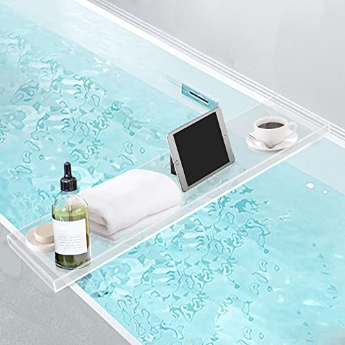 Bathtub Tray Caddy Acrylic Bath Tray, Wine Glass Book Holder Bath Tub Table Caddy, Clear Acrylic Shower Caddy for Home Organizer Shelf Luxury Most Baths