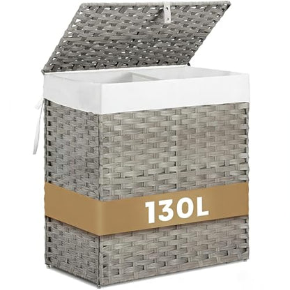Wicker Laundry Hamper with Lid,34 Gal(130 L) Rattan Laundry Basket 2 Sections with Lid, Removable Machine Washable Line, Large Clothes Hamper with Handles for Bathroom Bedroom, Gray - color: Gray, size: 130L