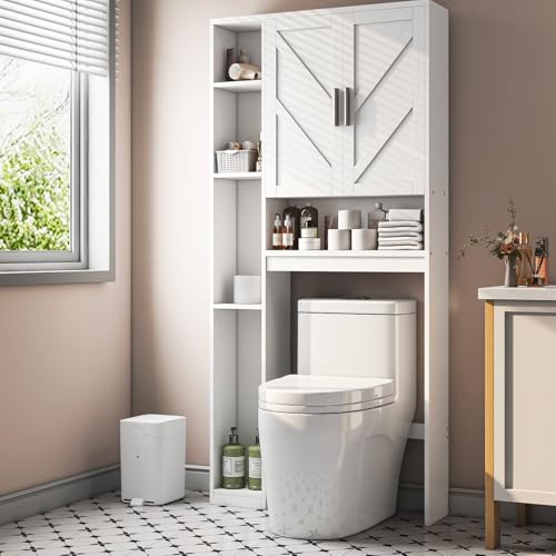 Over The Toilet Storage Cabinet with 7 Storage Shelves, Above Toilet Bathroom Organizer with Toilet Paper Holder Stand, Behind Toilet Cabinet, Space Saver for Restroom, Bathroom, Laundry, White - color: White, style: Farmhouse Doors