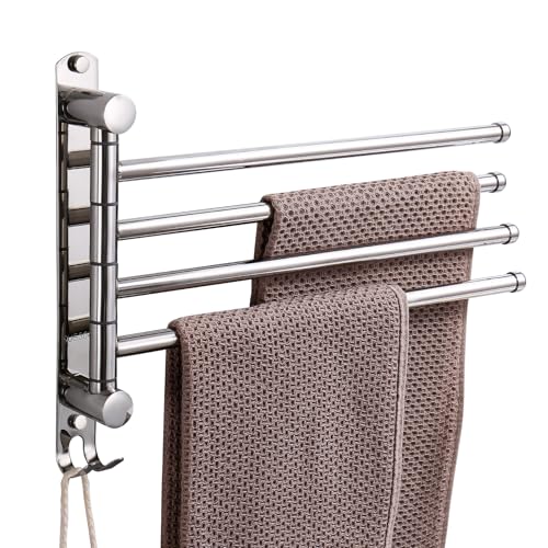 Swivel Towel Rack, 14" Thicken 304 Stainless Steel 4-Arm Adjustable Towel Bar,Wall Mounted Towel Holder with Hook, Space Saving for Kitchen, Bathroom, Outdoor (Silver, 4 Arms) - color: Silver, size: 4-arms