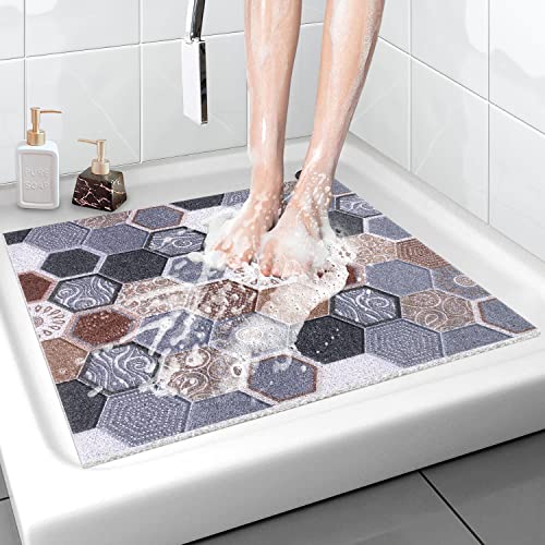 Shower Mat Non-Slip, 24x24 Inch Soft Comfort Bath Mat with Drainage Holes, PVC Loofah Massage Bathmat for Shower,Tub,Bathroom,Wet Areas, Quick Drying - color: Hexagonal Tiles, size: 24" x 24" (Square)